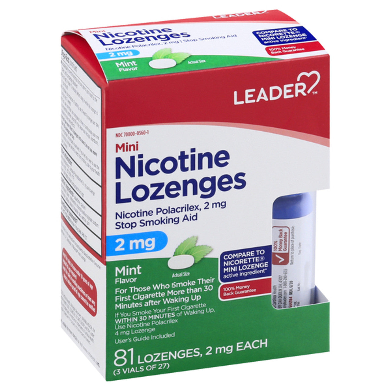 Leader Mini Nicotine Lozenges Polacrilex Stop Smoking Aid 2 Mg, Mint Flavor, 81 Ea