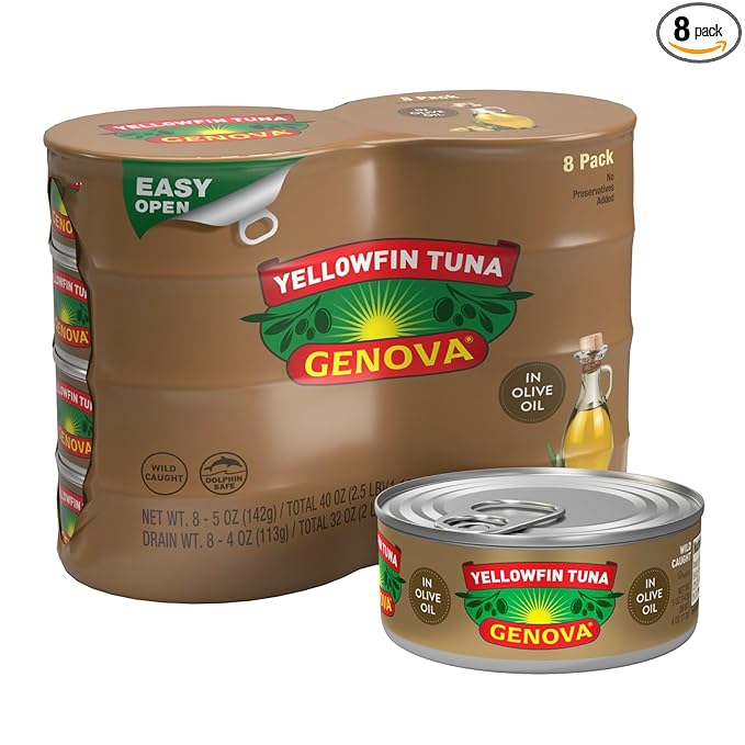 Genova Premium Yellowfin Tuna in Olive Oil, 5 Ounce Cans, 8-Pack – Nutrient Rich, High Protein Canned Tuna Fish - Delicious, Easy, Nutritious Ready to Eat Meals