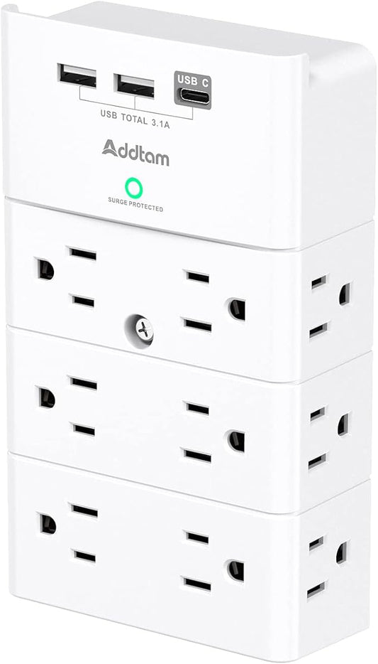 Multi Plug Outlet - Addtam Surge Protector Wall Mount with 12 Outlet Extender- 3 Sides and 3 USB Ports (1 USB-C), Outlet Splitter Power Strip for Home, Office, Hotel, White
