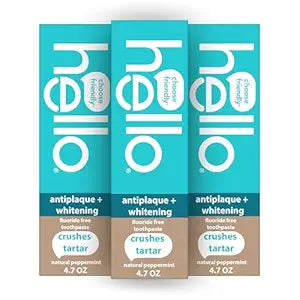 Hello Antiplaque & Whitening Fluoride-Free Toothpaste | Coconut Oil & Tea Tree Oil | Natural Peppermint | Helps Whiten Teeth | 3 Pack (4.7 oz Tubes)