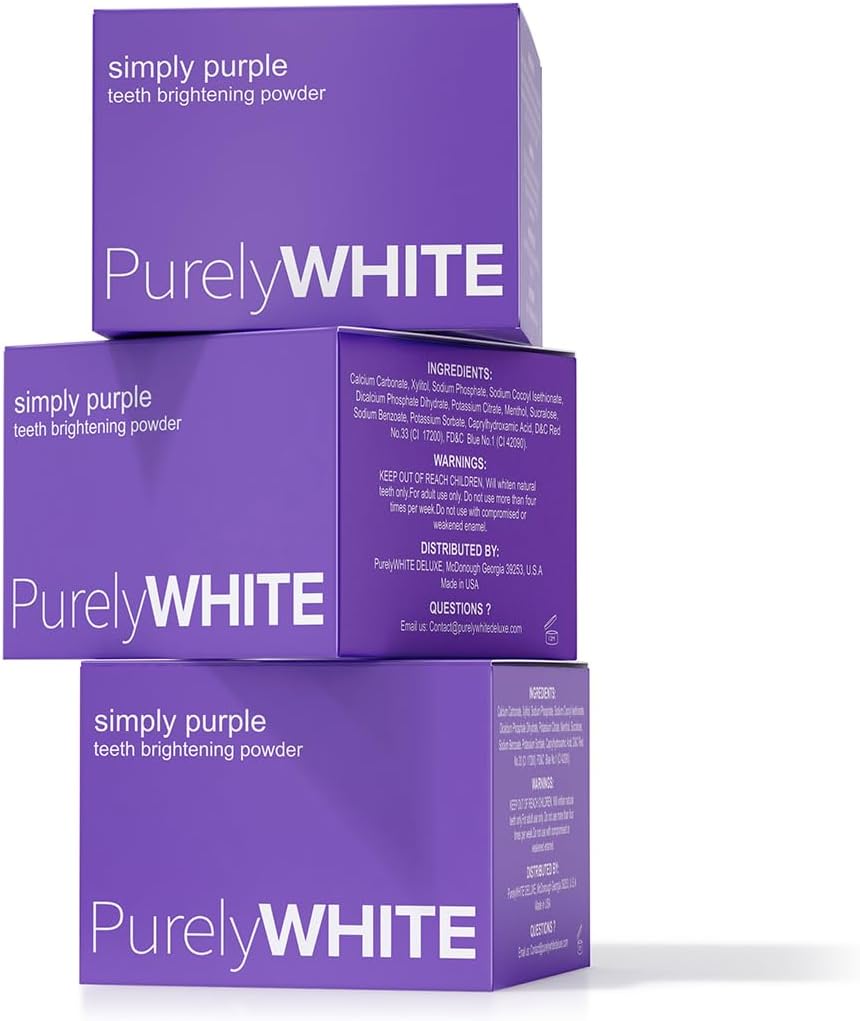 PurelyWHITE DELUXE, Simply Purple Brightening Powder - Conceals Stains, No Sensitivity - Enamel-Safe Toothpaste Whitening Powder for Coffee, Tea, Food, Wine, and Tobacco Stains.