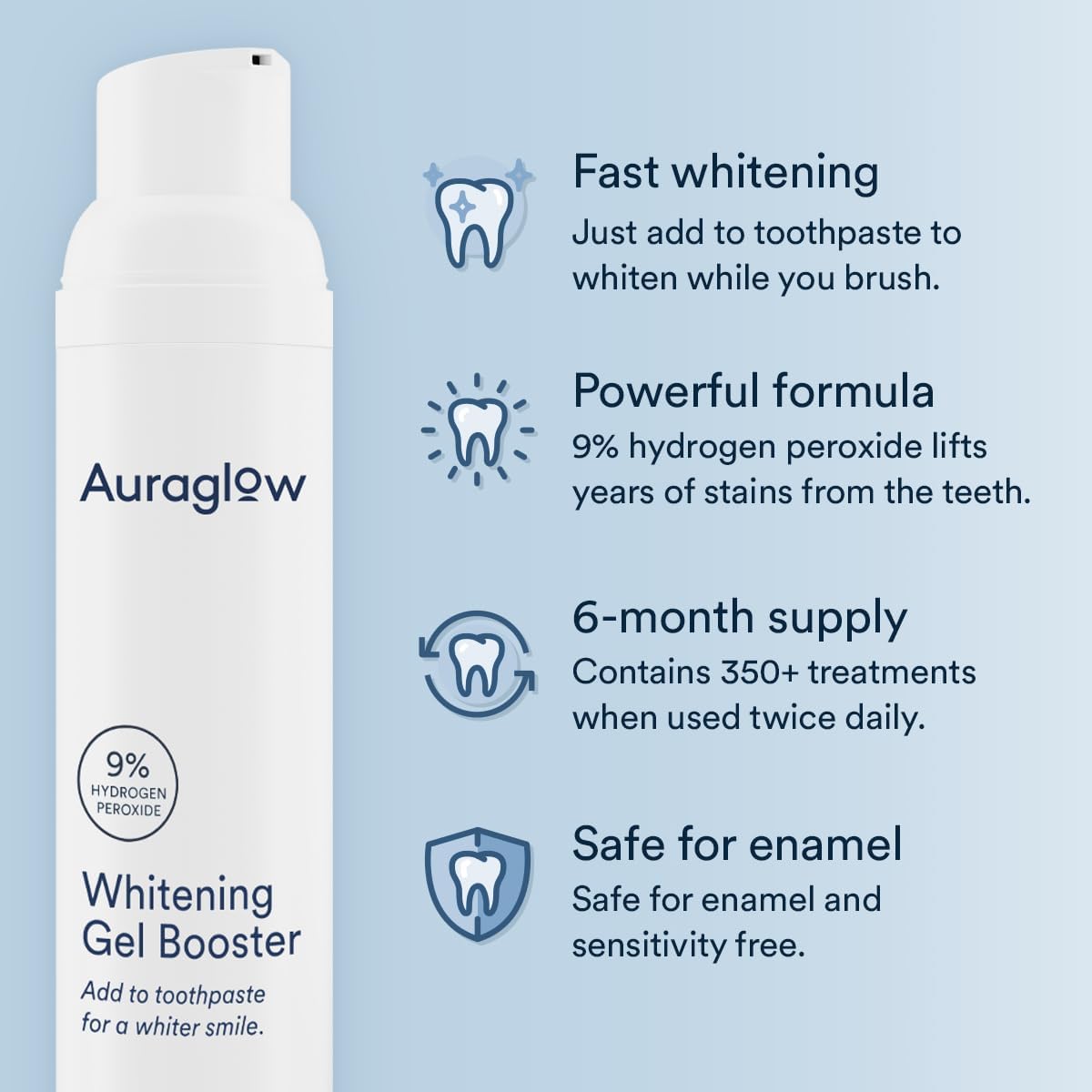 Auraglow Whitening Toothpaste Booster | 9% Hydrogen Peroxide Teeth Whitening Gel | Add to Any Toothpaste | 350+ Treatments | 6-Month Supply (2.6 oz)