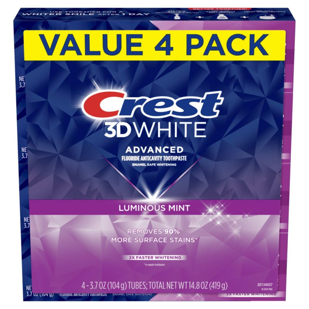Crest 3D White Advanced Luminous Mint Toothpaste | Teeth Whitening, Enamel Strengthening & Cavity Protection | 3.7 oz, Pack of 4