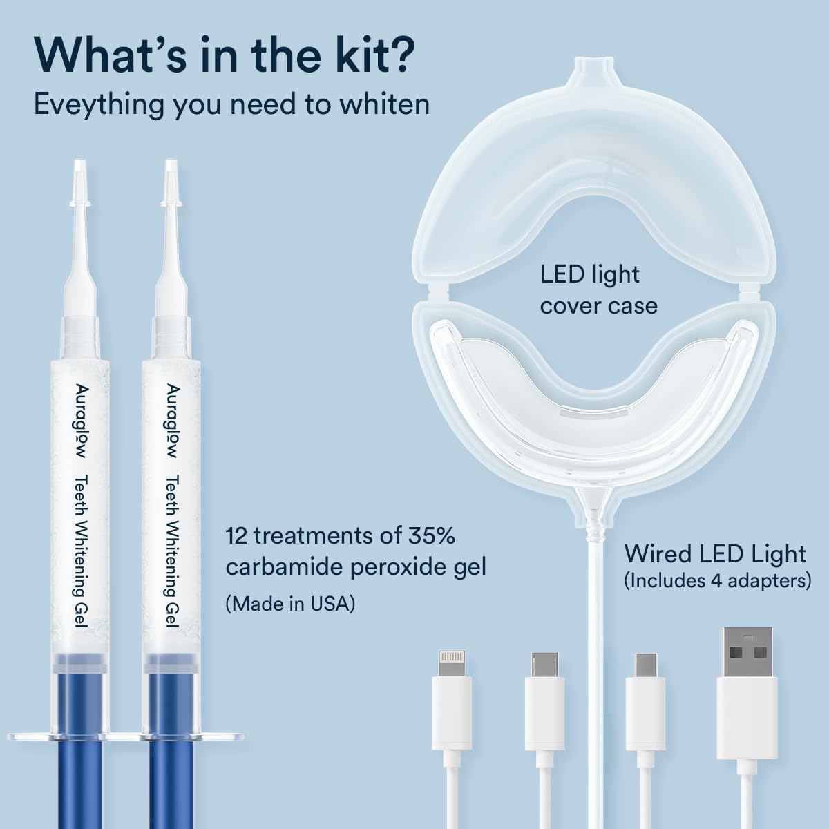 Auraglow Teeth Whitening Kit with Wired LED Light | 35% Carbamide Peroxide Gel | 12 Treatments | Whitens Up to 10 Shades in 7 Days