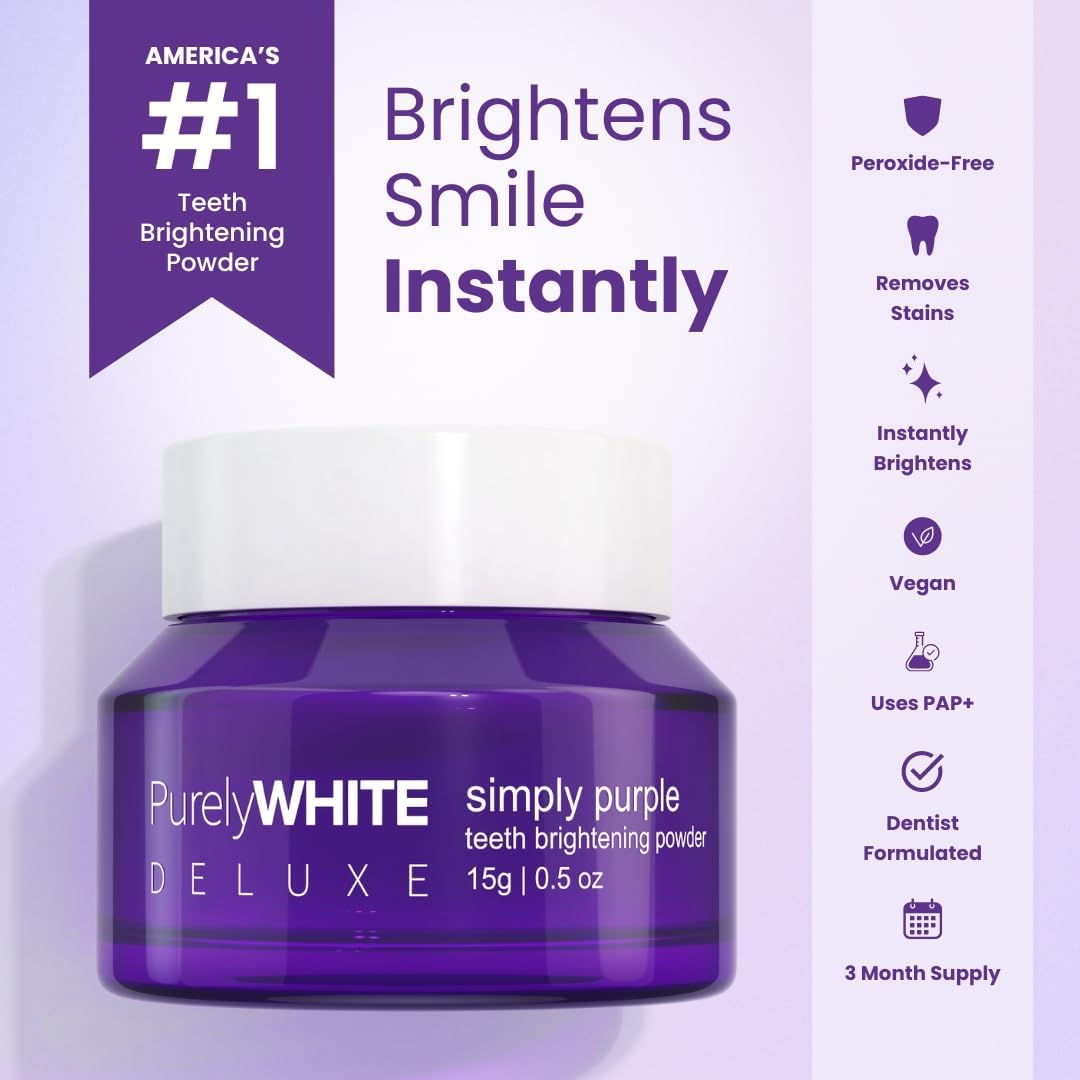 PurelyWHITE DELUXE, Simply Purple Brightening Powder - Conceals Stains, No Sensitivity - Enamel-Safe Toothpaste Whitening Powder for Coffee, Tea, Food, Wine, and Tobacco Stains.