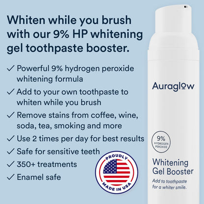 Auraglow Whitening Toothpaste Booster | 9% Hydrogen Peroxide Teeth Whitening Gel | Add to Any Toothpaste | 350+ Treatments | 6-Month Supply (2.6 oz)