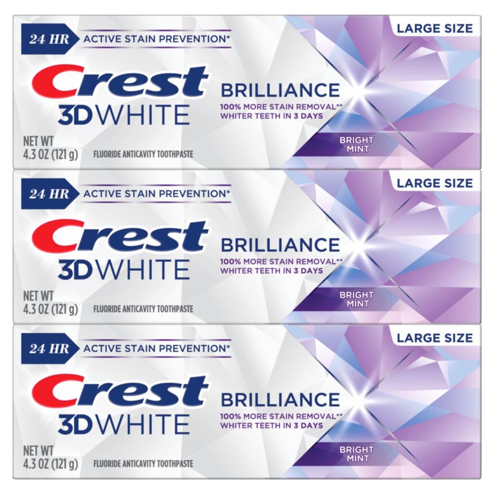 Crest 3D White Brilliance Bright Mint Toothpaste | 100% More Surface Stain Removal | 24-Hour Stain Prevention | 4.3 oz, Pack of 3