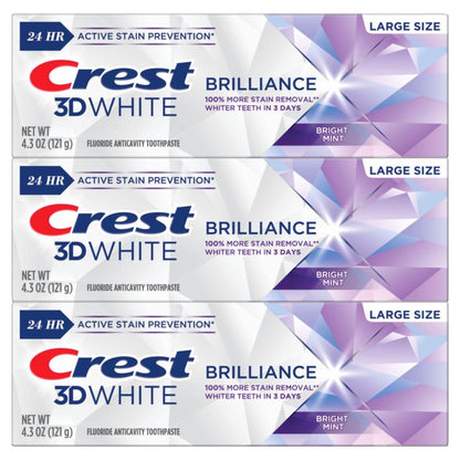 Crest 3D White Brilliance Bright Mint Toothpaste | 100% More Surface Stain Removal | 24-Hour Stain Prevention | 4.3 oz, Pack of 3