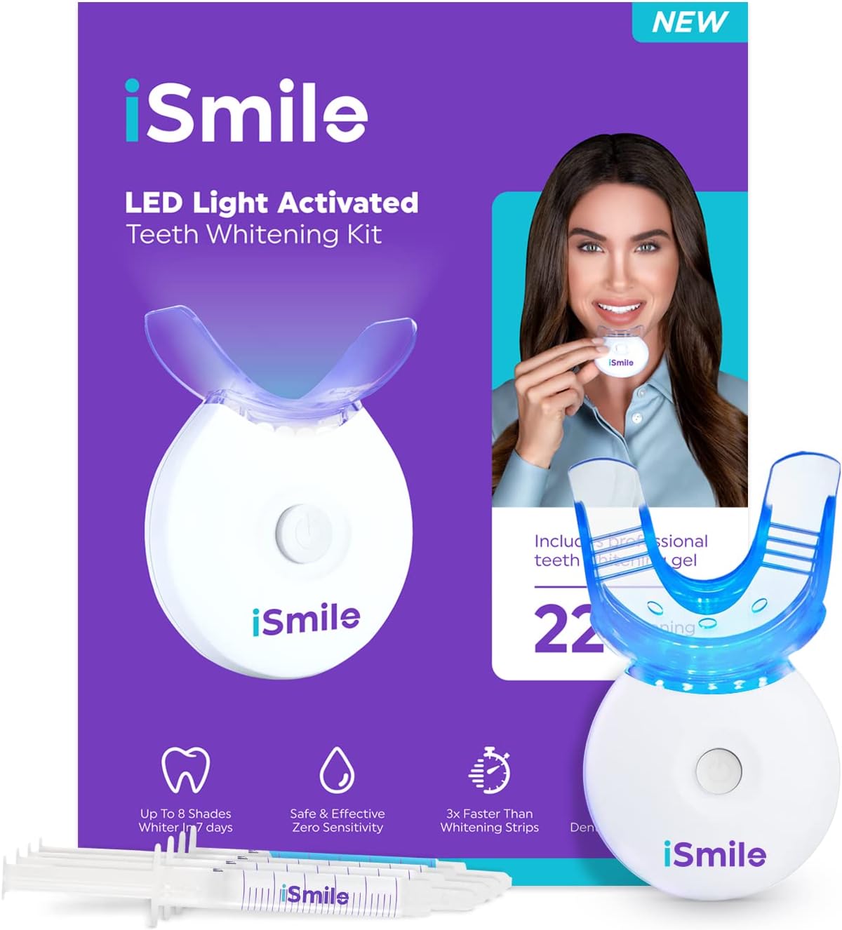 iSmile Teeth Whitening Kit | LED Light & 35% Carbamide Peroxide Gel | 3 Whitening Syringes + Remineralization Gel | Custom Tray for Fast Home Whitening