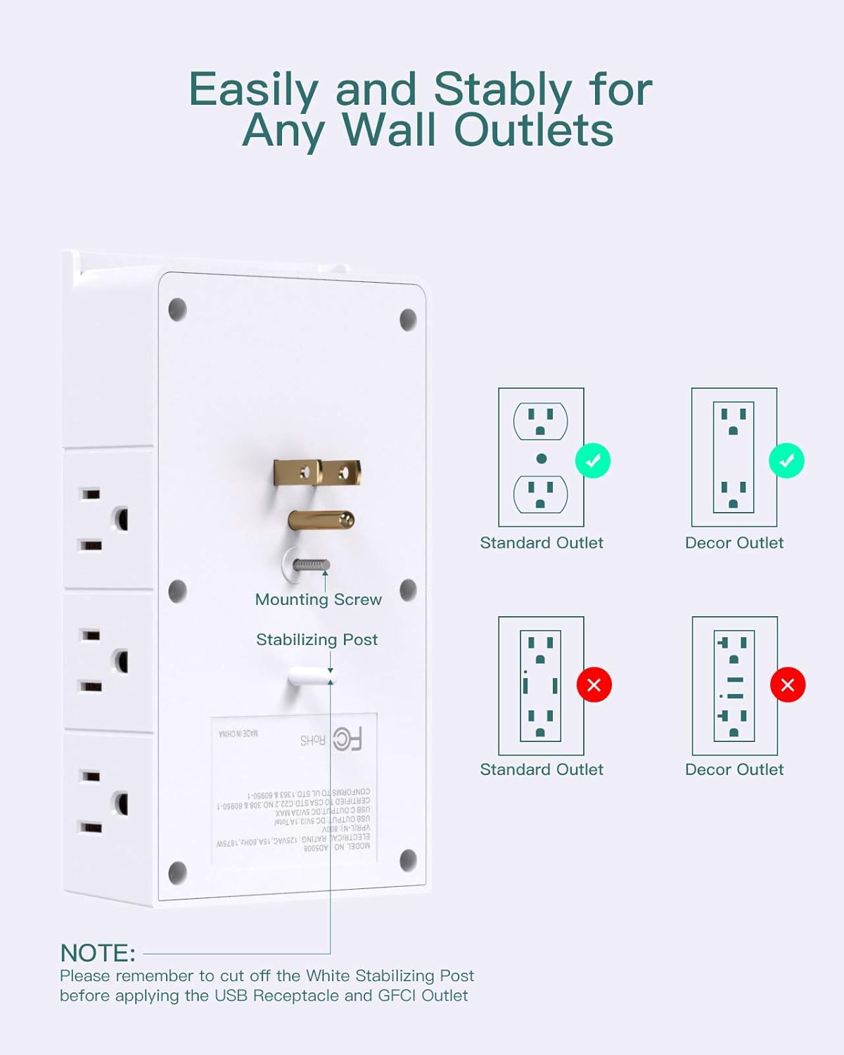 Multi Plug Outlet - Addtam Surge Protector Wall Mount with 12 Outlet Extender- 3 Sides and 3 USB Ports (1 USB-C), Outlet Splitter Power Strip for Home, Office, Hotel, White