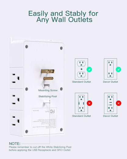 Multi Plug Outlet - Addtam Surge Protector Wall Mount with 12 Outlet Extender- 3 Sides and 3 USB Ports (1 USB-C), Outlet Splitter Power Strip for Home, Office, Hotel, White