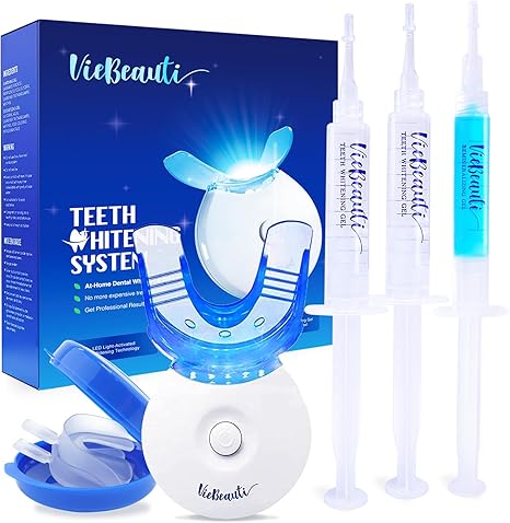 VieBeauti Teeth Whitening Kit with LED Light: Tooth Whitener with 35% Carbamide Peroxide, Remineralizing Gel, Mouth Trays and Tray Case - 10-Minute Timer Enhances Minty Fresh White Smile Flavorless