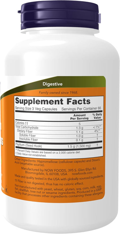 NOW Foods Psyllium Husk Capsules | 500 mg Natural Soluble Fiber | Non-GMO, Intestinal & Digestive Health Support | 200 Veg Capsules