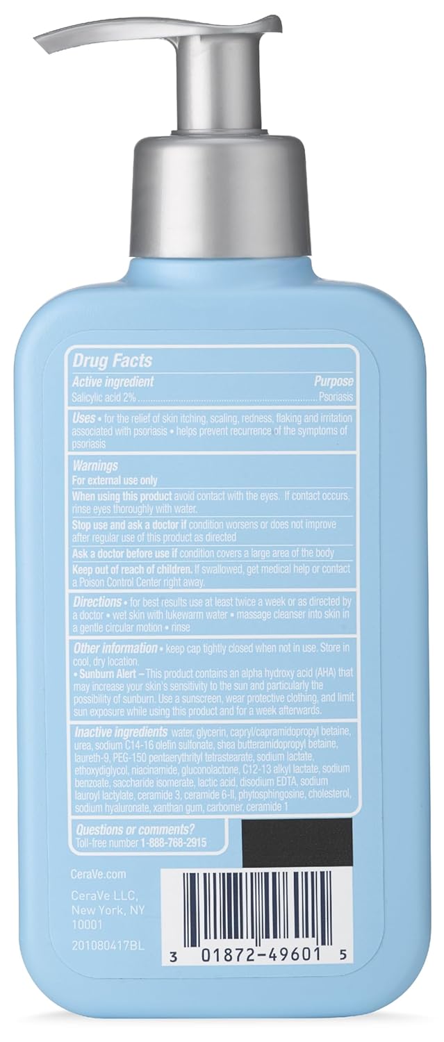 CeraVe Cleanser for Psoriasis | Salicylic Acid & Lactic Acid for Dry Skin & Itch Relief | Fragrance-Free, Allergy Tested | 8 oz