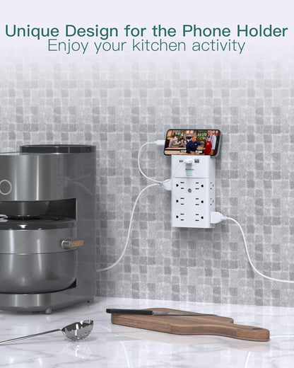 Multi Plug Outlet - Addtam Surge Protector Wall Mount with 12 Outlet Extender- 3 Sides and 3 USB Ports (1 USB-C), Outlet Splitter Power Strip for Home, Office, Hotel, White