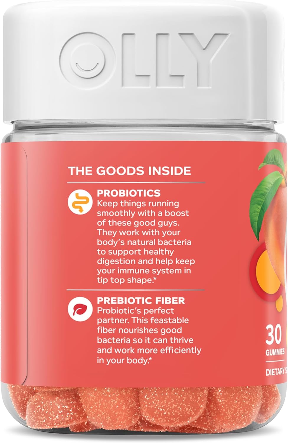OLLY Probiotic + Prebiotic Gummies | Digestive & Gut Health Support | 500 Million CFU + Fiber | Peach Flavor | 30 Count