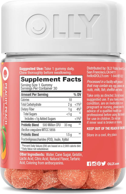 OLLY Probiotic + Prebiotic Gummies | Digestive & Gut Health Support | 500 Million CFU + Fiber | Peach Flavor | 30 Count