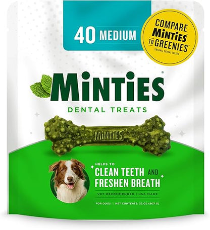 Minties Dental Chews for Dogs – 40 Count – Vet-Recommended Mint-Flavored Treats for Medium Dogs (25–50 lbs)