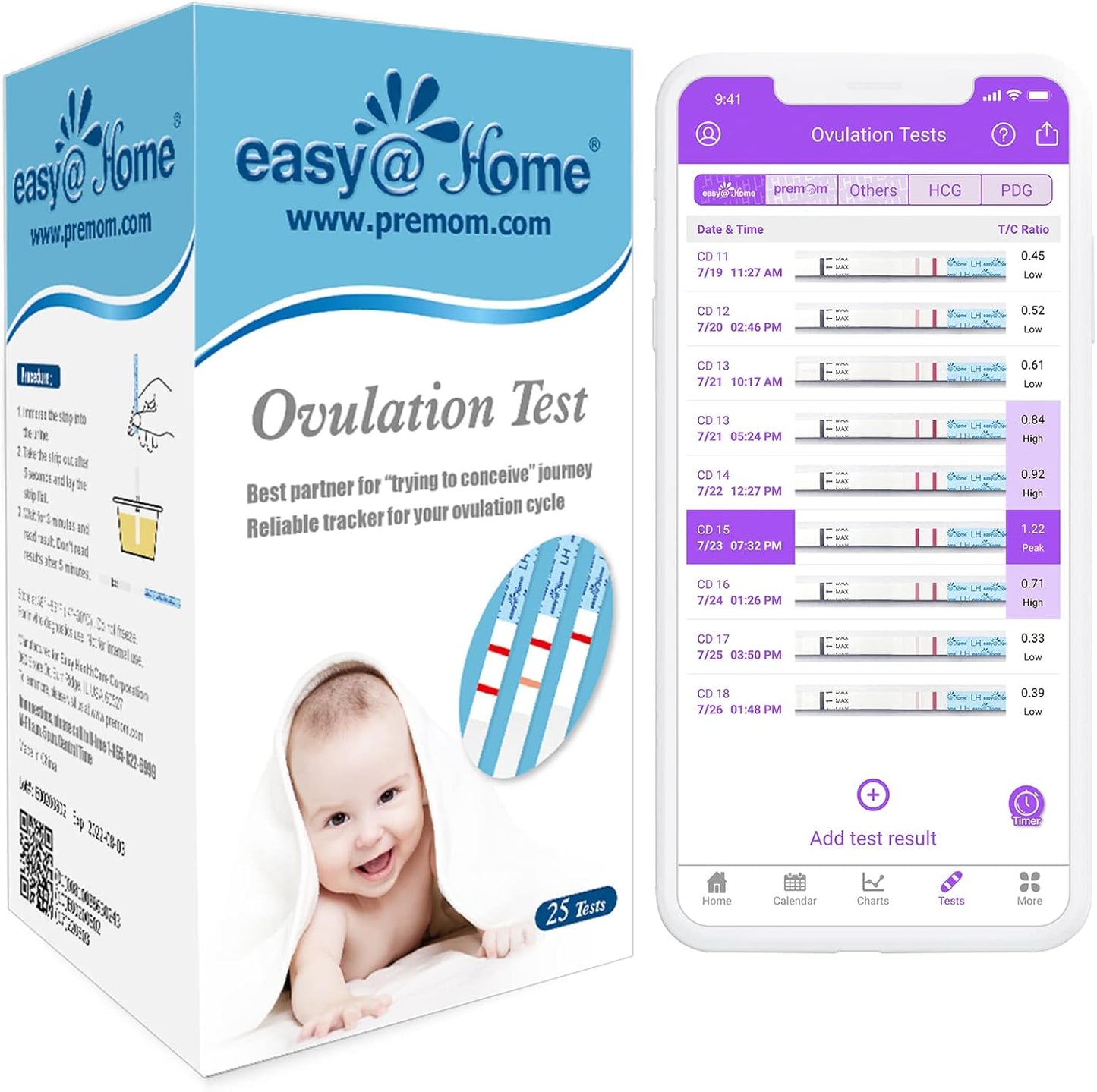 Easy@Home Ovulation Test Strips | Fertility Predictor Kit with Premom App | 25 LH Strips for Accurate Ovulation Tracking