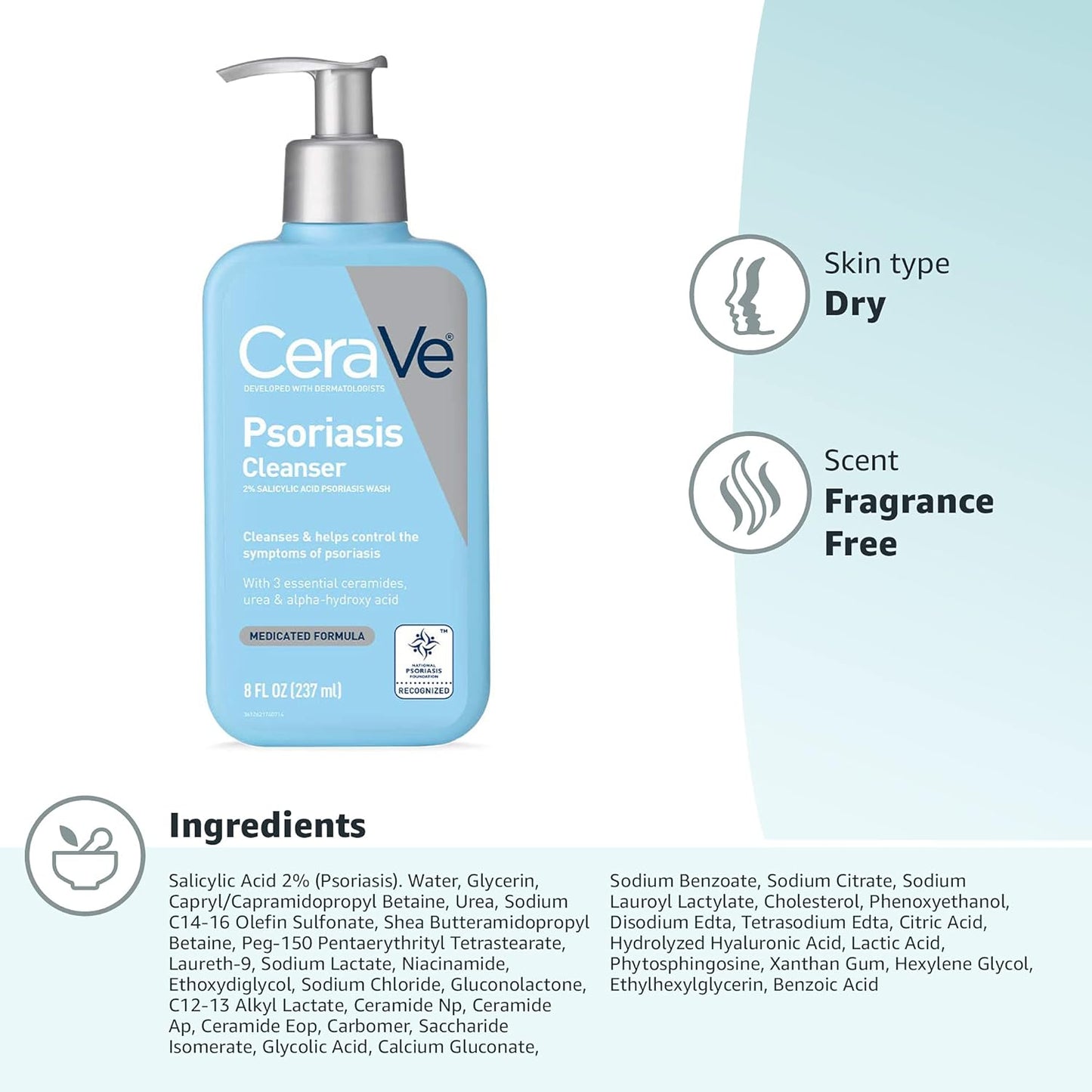 CeraVe Cleanser for Psoriasis | Salicylic Acid & Lactic Acid for Dry Skin & Itch Relief | Fragrance-Free, Allergy Tested | 8 oz