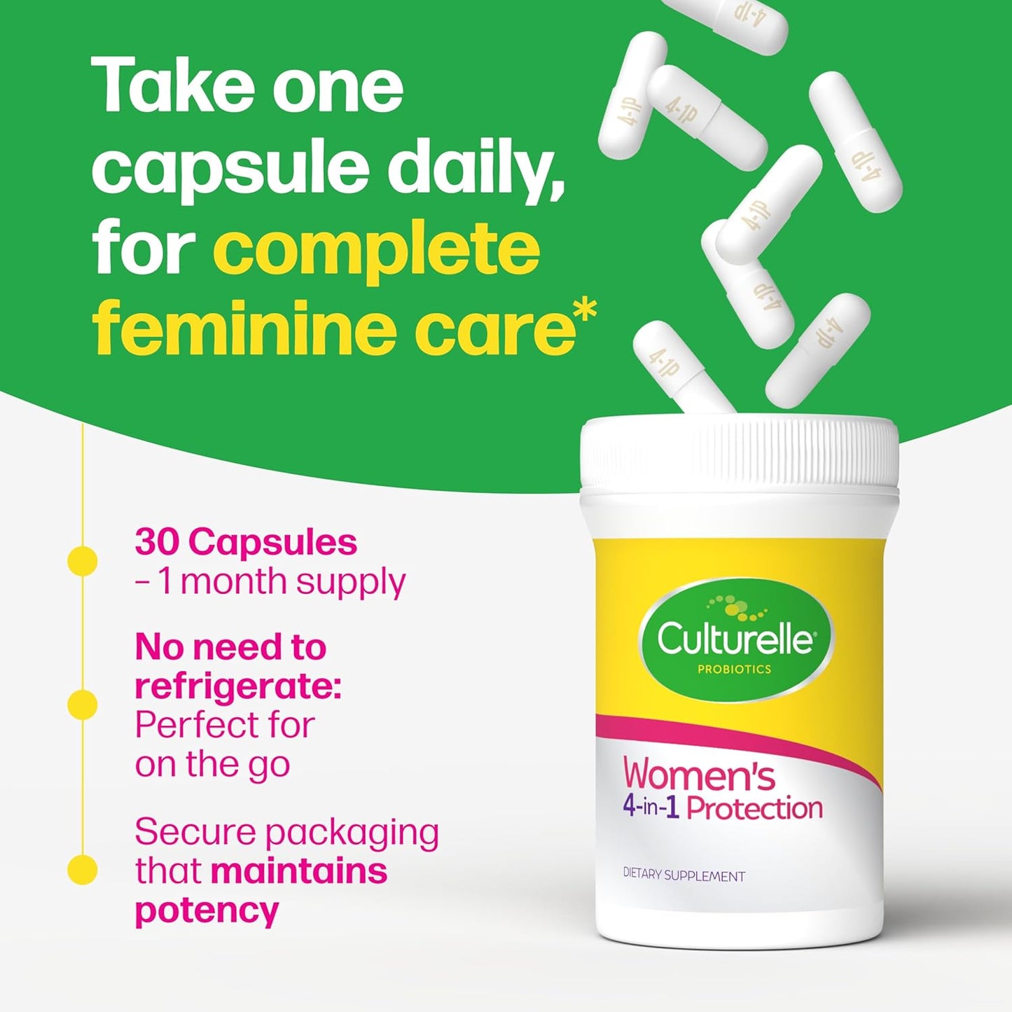 Culturelle 4-in-1 Women’s Probiotic | Daily Probiotic + Prebiotic for Vaginal, Digestive & Immune Support | Gas & Bloating Relief | 30 Capsules