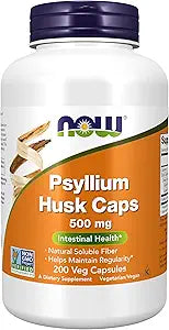 NOW Foods Psyllium Husk Capsules | 500 mg Natural Soluble Fiber | Non-GMO, Intestinal & Digestive Health Support | 200 Veg Capsules