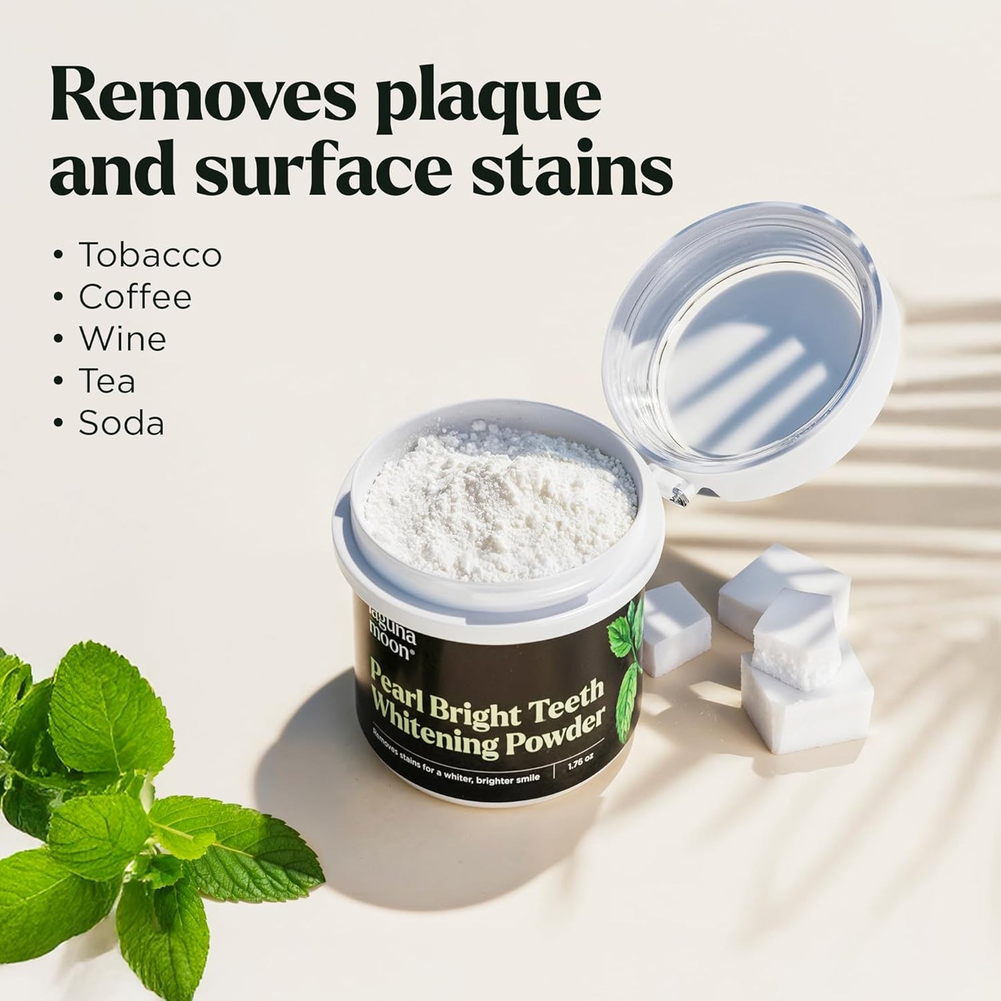 Lagunamoon Teeth Whitening Powder, 50g – Natural Stain Remover & Polish, Spearmint Flavor, Sensitive Teeth Safe Alternative to Toothpaste