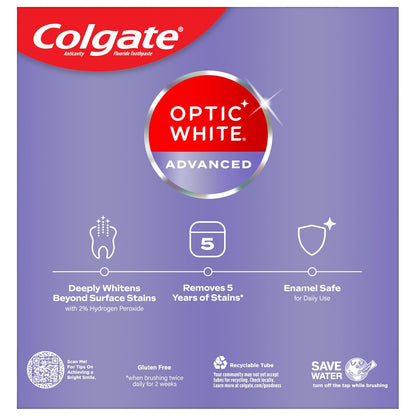 Colgate Optic White Advanced Teeth Whitening Toothpaste | Hydrogen Peroxide | Enamel-Safe Stain Removal for Coffee, Tea & Wine | Sparkling White | 3 Pack (3.2 oz)