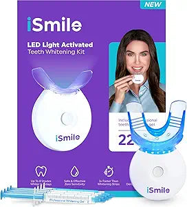 iSmile Teeth Whitening Kit | LED Light & 35% Carbamide Peroxide Gel | 3 Whitening Syringes + Remineralization Gel | Custom Tray for Fast Home Whitening