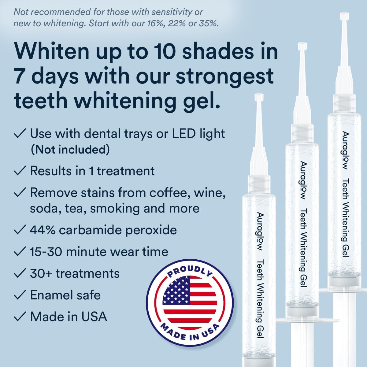 Auraglow 44% Teeth Whitening Gel Refill Pack | 44% Carbamide Peroxide | 3×5ml Syringes | Up to 30 Whitening Treatments