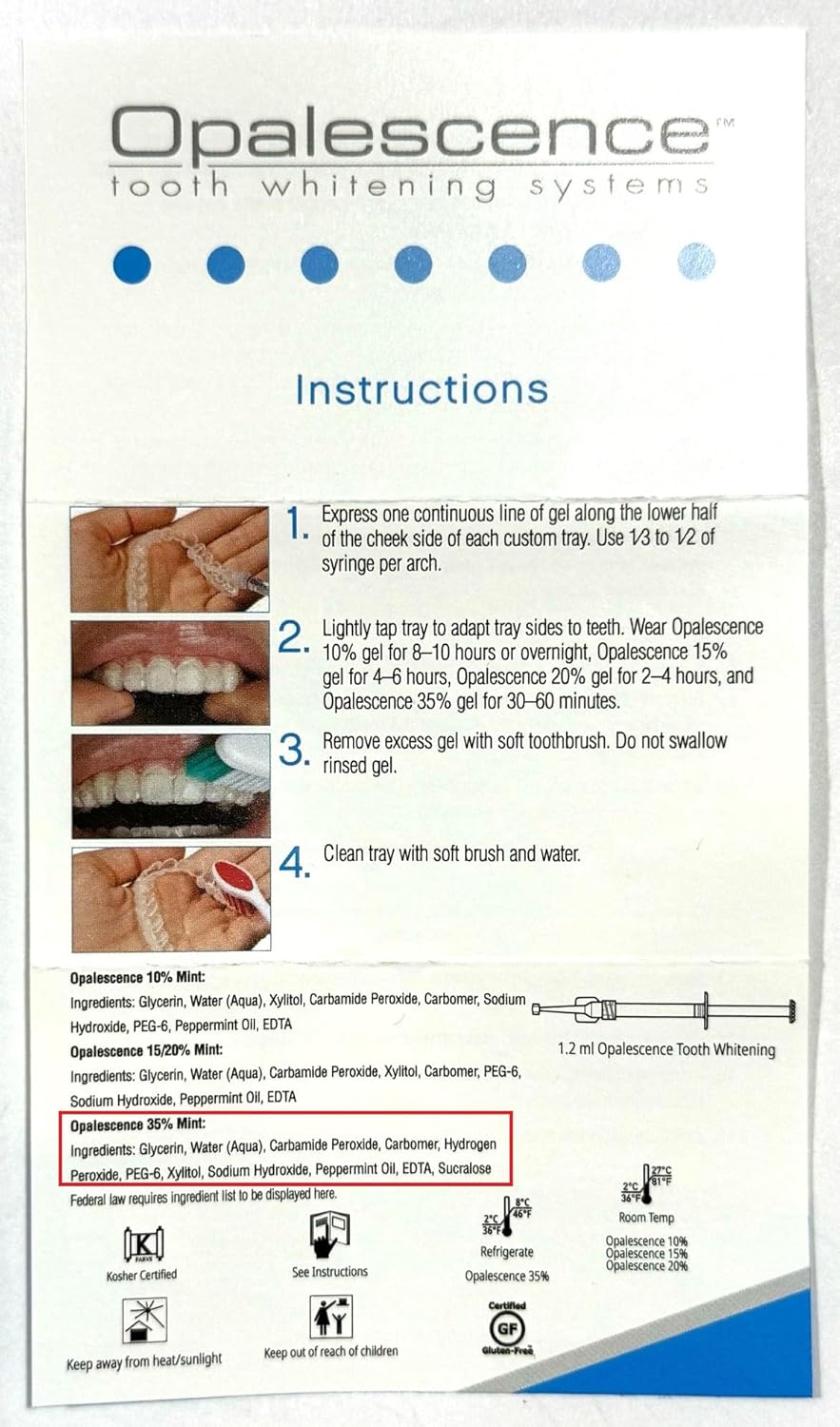 Opalescence 35% CP Mint Teeth Whitening Gel | Refill Kit with 4 Syringes | Professional Carbamide Peroxide Whitening by Ultradent