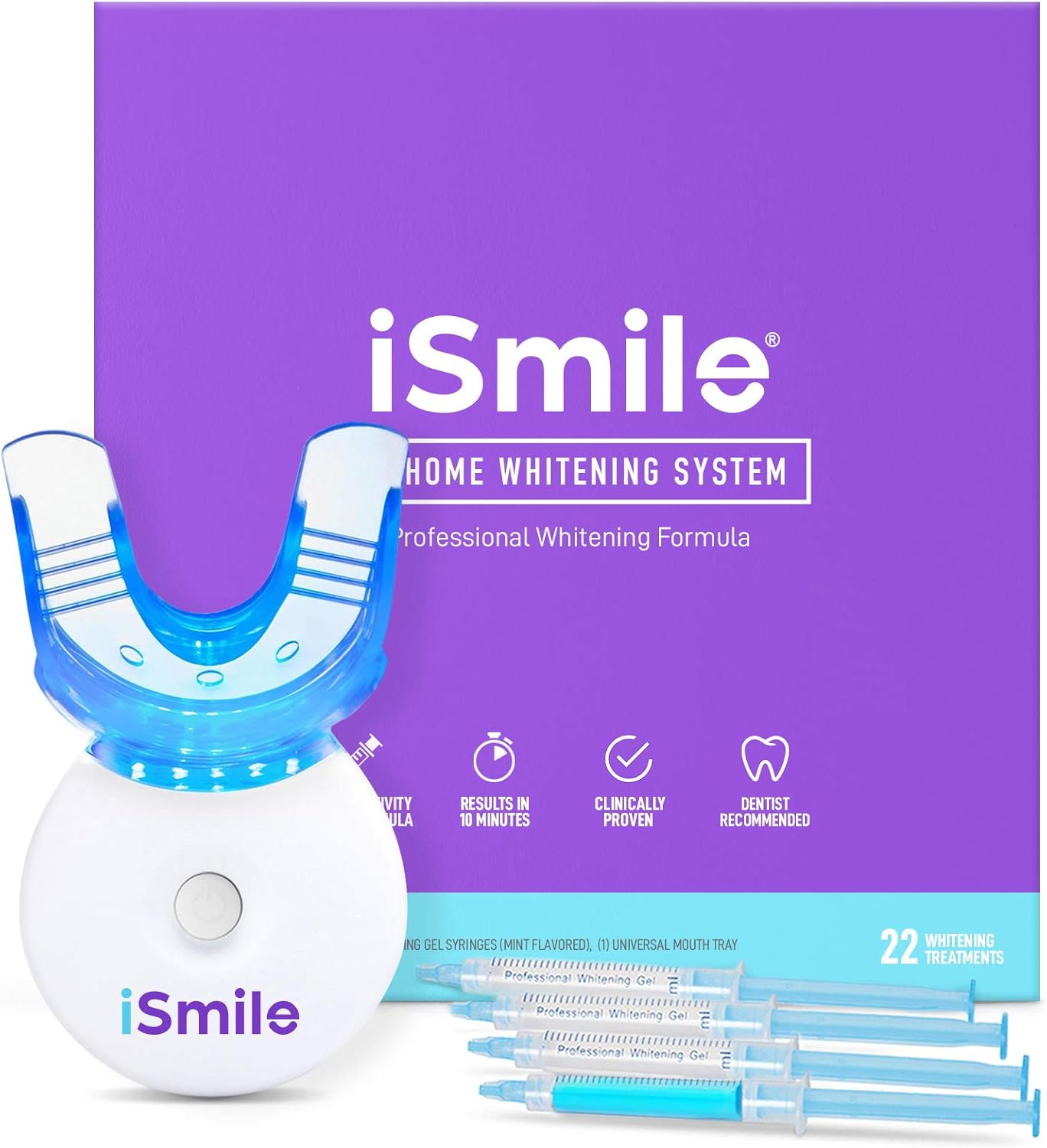 iSmile Teeth Whitening Kit | LED Light & 35% Carbamide Peroxide Gel | 3 Whitening Syringes + Remineralization Gel | Custom Tray for Fast Home Whitening