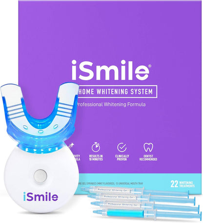 iSmile Teeth Whitening Kit | LED Light & 35% Carbamide Peroxide Gel | 3 Whitening Syringes + Remineralization Gel | Custom Tray for Fast Home Whitening