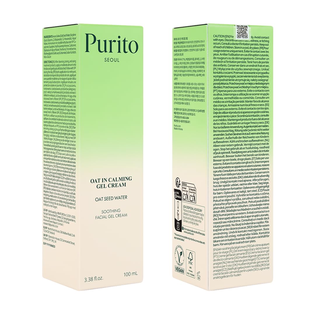 PURITO Oat-In Calming Gel Cream – 100ml Lightweight, Fragrance-Free Moisturizer for Sensitive Skin