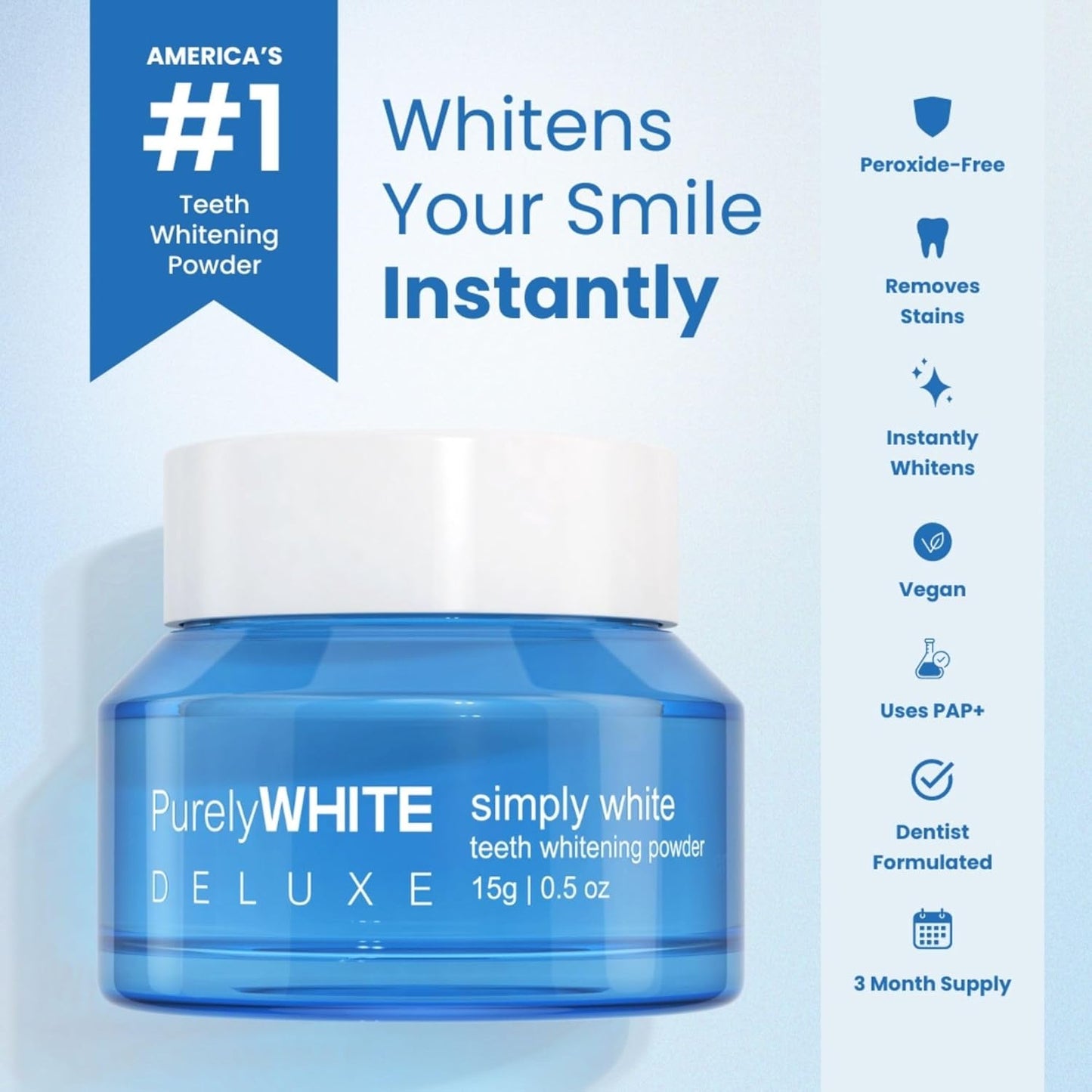 PurelyWHITE DELUXE Teeth Whitening Powder, Enamel-Safe, No Sensitivity, Removes Coffee, Tea & Tobacco Stains