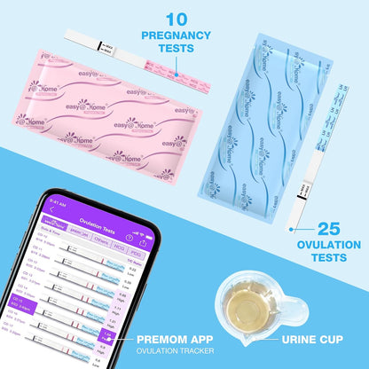 Easy@Home Ovulation & Pregnancy Test Kit | 25 LH + 10 HCG Strips & 35 Urine Cups | Accurate Fertility & Early Detection | Premom App Compatible