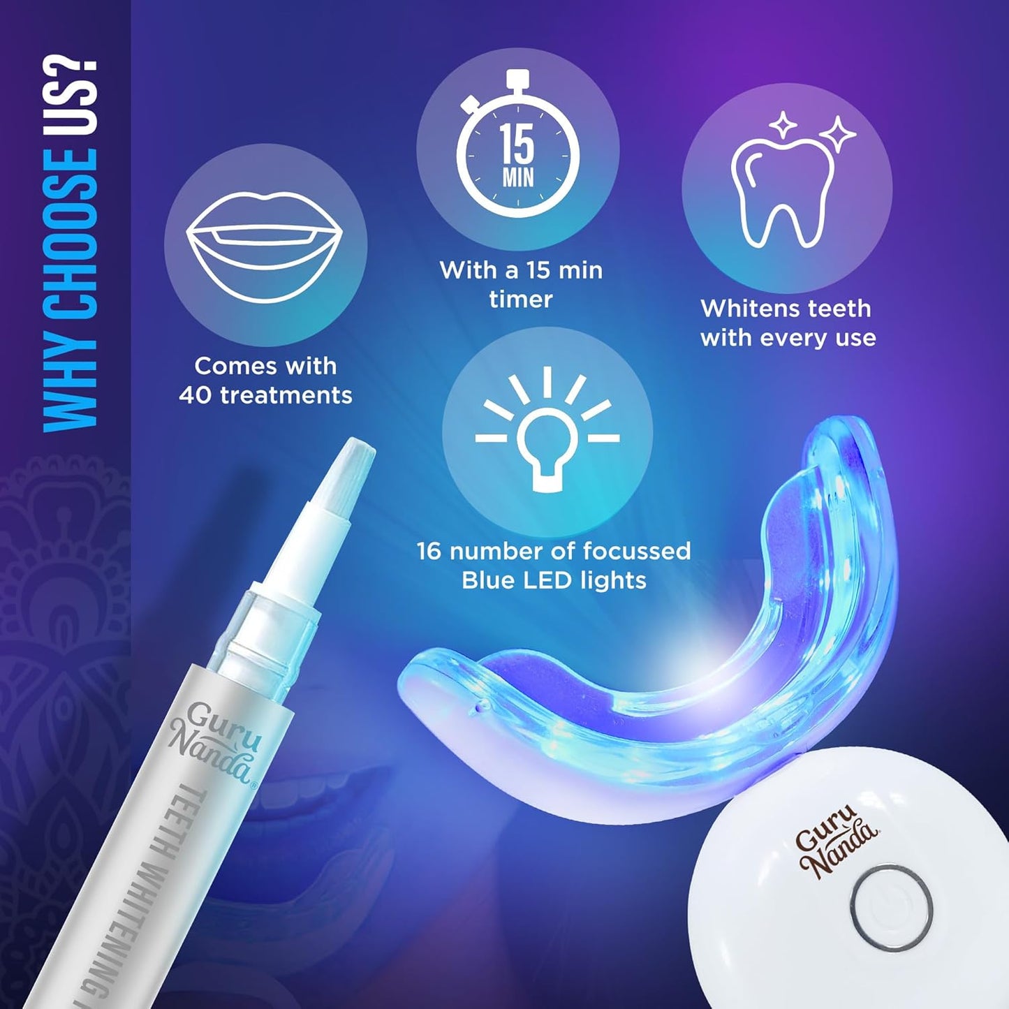 GuruNanda Professional Teeth Whitening Kit | Wireless LED Light & Whitening Pen | Removes Coffee, Food & Soda Stains | 40 Treatments