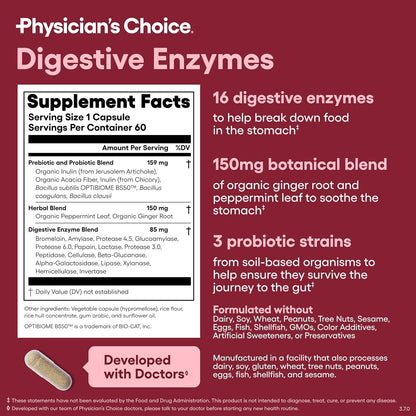 Physician's Choice Digestive Enzymes | 16 Enzymes + Probiotics & Prebiotics | Bloating, Gas & Digestion Support | Dual-Action Gut Health | 60 Capsules