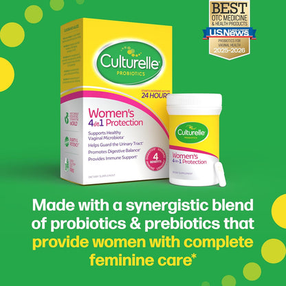 Culturelle 4-in-1 Women’s Probiotic | Daily Probiotic + Prebiotic for Vaginal, Digestive & Immune Support | Gas & Bloating Relief | 30 Capsules