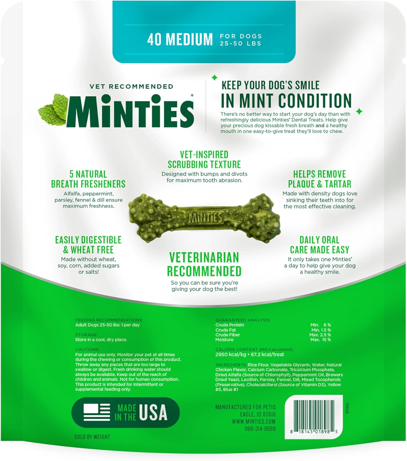 Minties Dental Chews for Dogs – 40 Count – Vet-Recommended Mint-Flavored Treats for Medium Dogs (25–50 lbs)