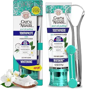GuruNanda Hydroxyapatite Toothpaste – Fluoride & SLS Free Whitening Formula with Tongue Scraper and Squeezer, Fresh CocoMint Jasmine Neem, 4.2 oz