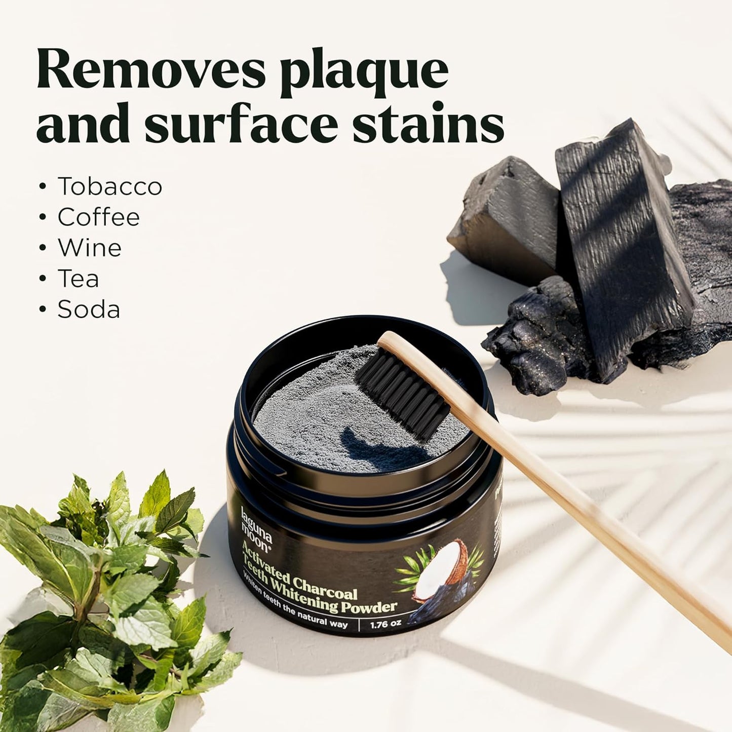 Lagunamoon Activated Charcoal Teeth Whitening Powder – 50g, Natural Coconut Charcoal, Safe on Gums & Enamel, Stain Remover
