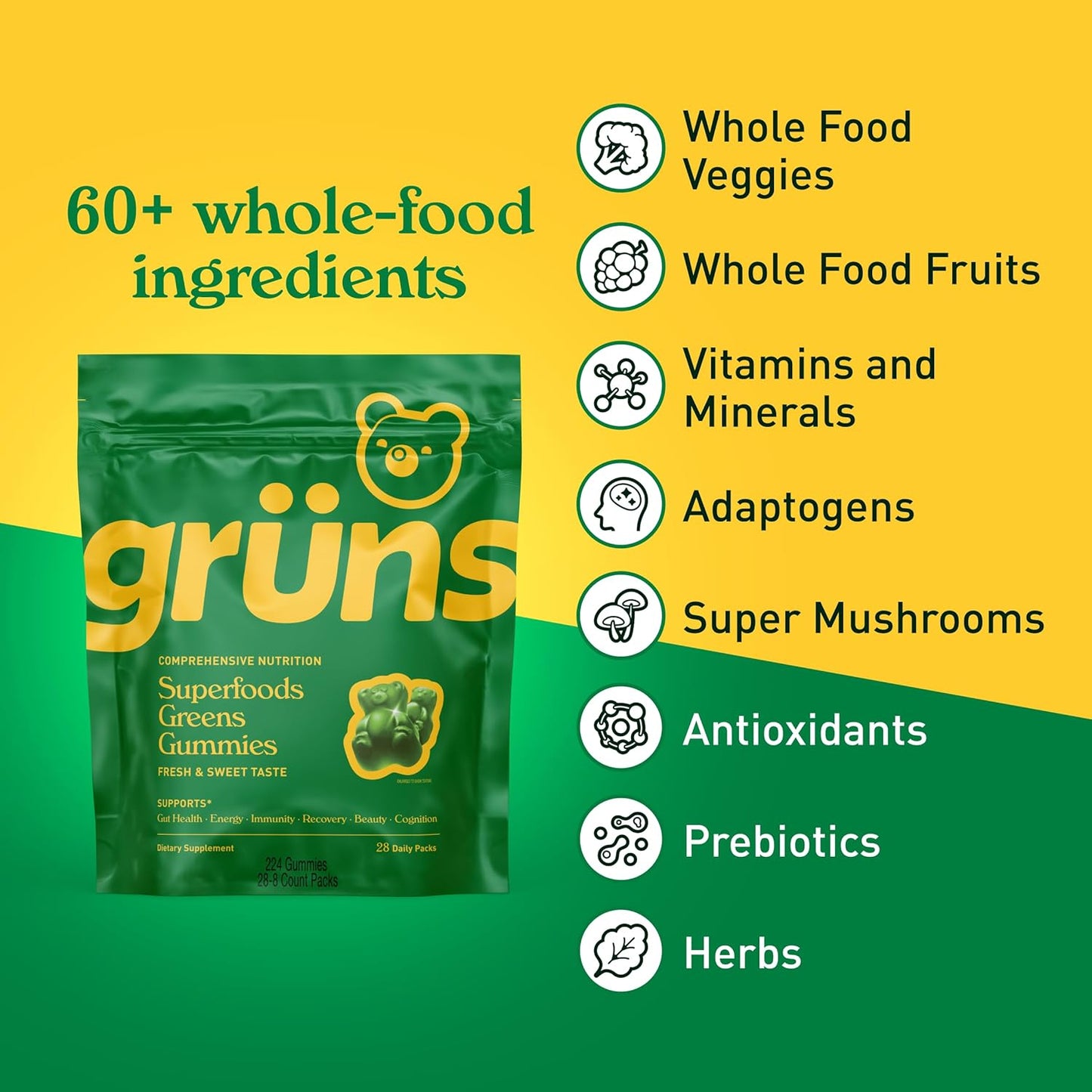 Gruns Super Greens Multivitamin Gummies | Superfood & Adaptogen Blend | Spirulina, Chlorella, Prebiotic Fiber | Digestive Health Support | 28 Gummies