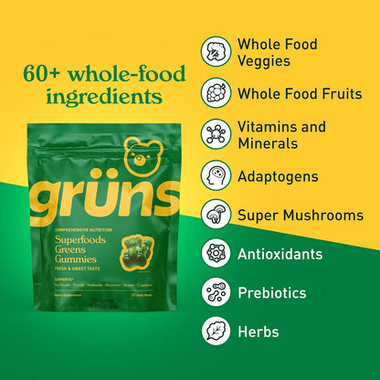 Gruns Super Greens Multivitamin Gummies | Superfood & Adaptogen Blend | Spirulina, Chlorella, Prebiotic Fiber | Digestive Health Support | 28 Gummies