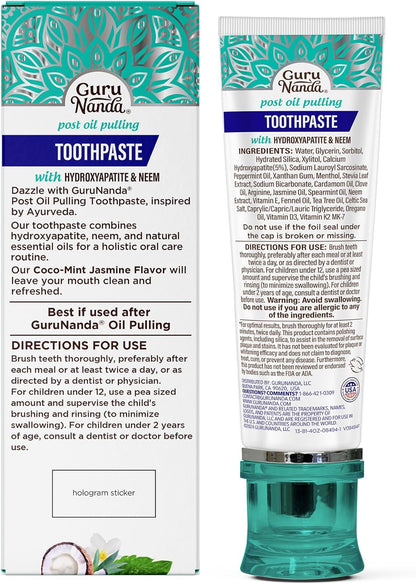 GuruNanda Hydroxyapatite Toothpaste – Fluoride & SLS Free Whitening Formula with Tongue Scraper and Squeezer, Fresh CocoMint Jasmine Neem, 4.2 oz