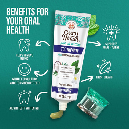 GuruNanda Hydroxyapatite Toothpaste – Fluoride & SLS Free Whitening Formula with Tongue Scraper and Squeezer, Fresh CocoMint Jasmine Neem, 4.2 oz