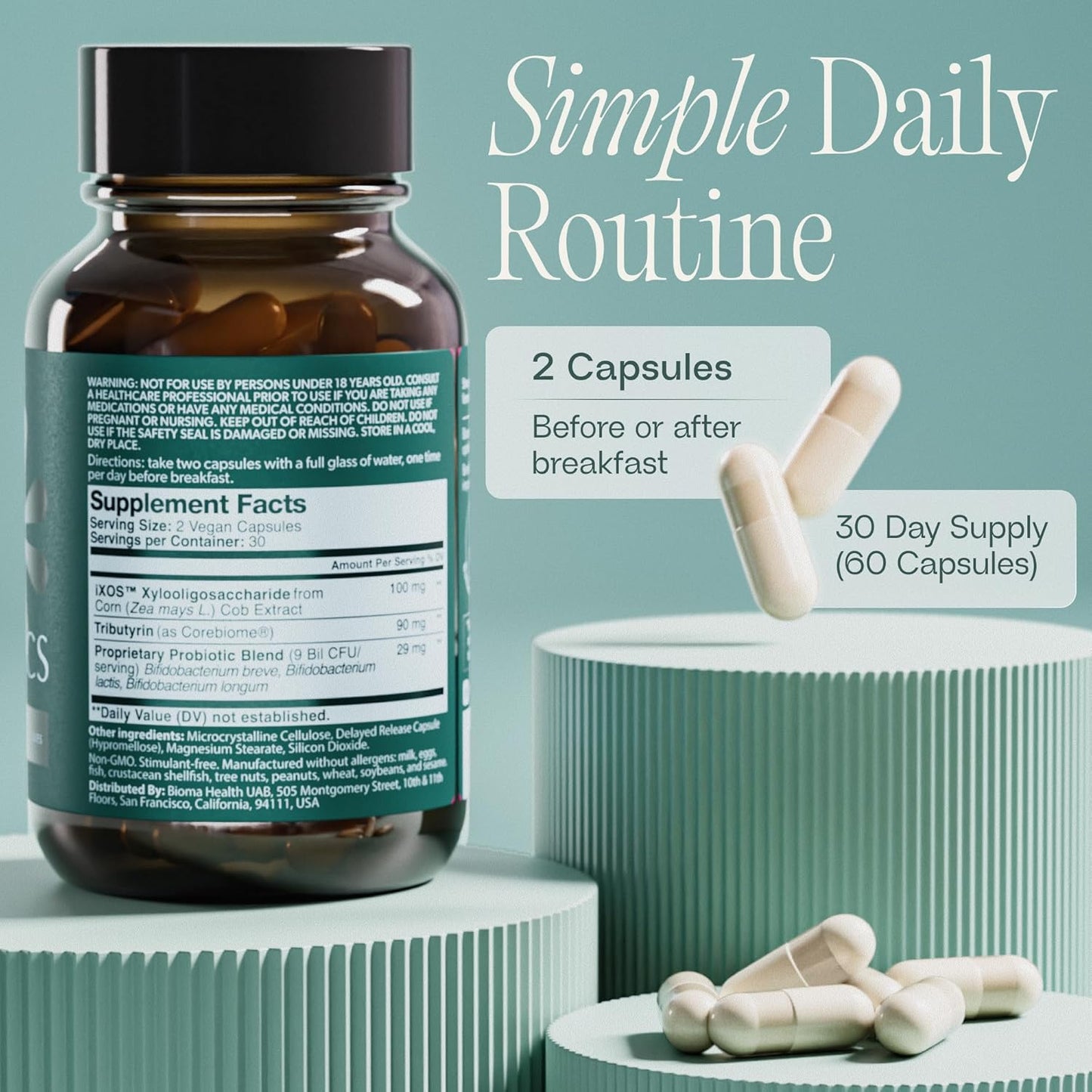 BIOMA Probiotics | Digestive & Gut Health Support for Men & Women | XOS Prebiotics, Tributyrin & Bifidobacterium | Vegan, Gluten-Free | 60 DR Capsules