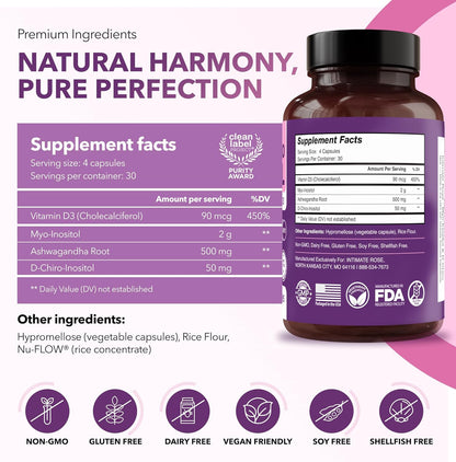 Intimate Rose Myo-Inositol & D-Chiro Inositol 40:1 | Women’s Hormone & Ovarian Support | With Vitamin D3 & Ashwagandha