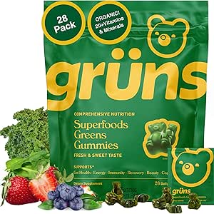 Gruns Super Greens Multivitamin Gummies | Superfood & Adaptogen Blend | Spirulina, Chlorella, Prebiotic Fiber | Digestive Health Support | 28 Gummies