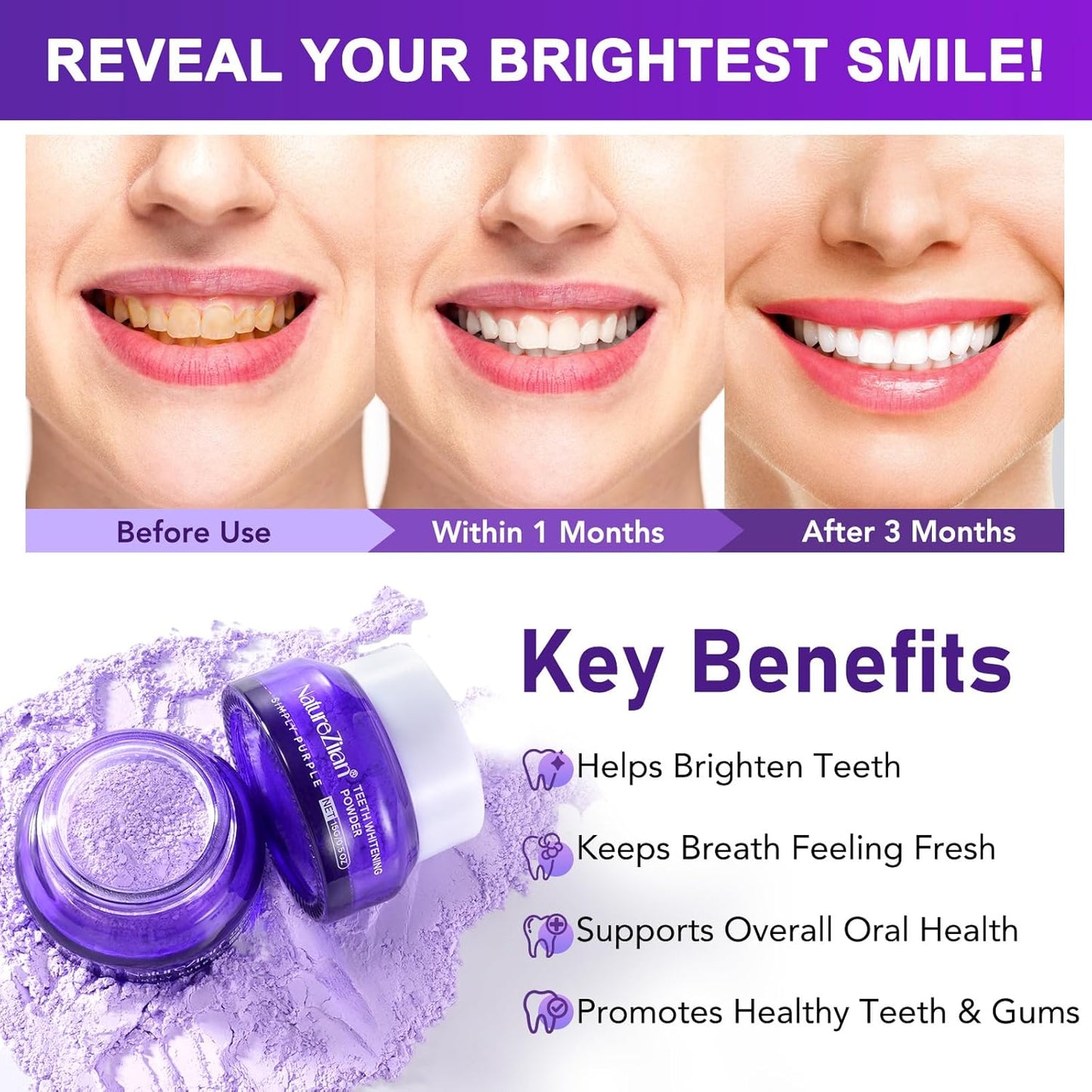 Teeth Whitening Powder – Enamel-Safe, No Sensitivity, Removes Coffee, Tea, Food & Tobacco Stains